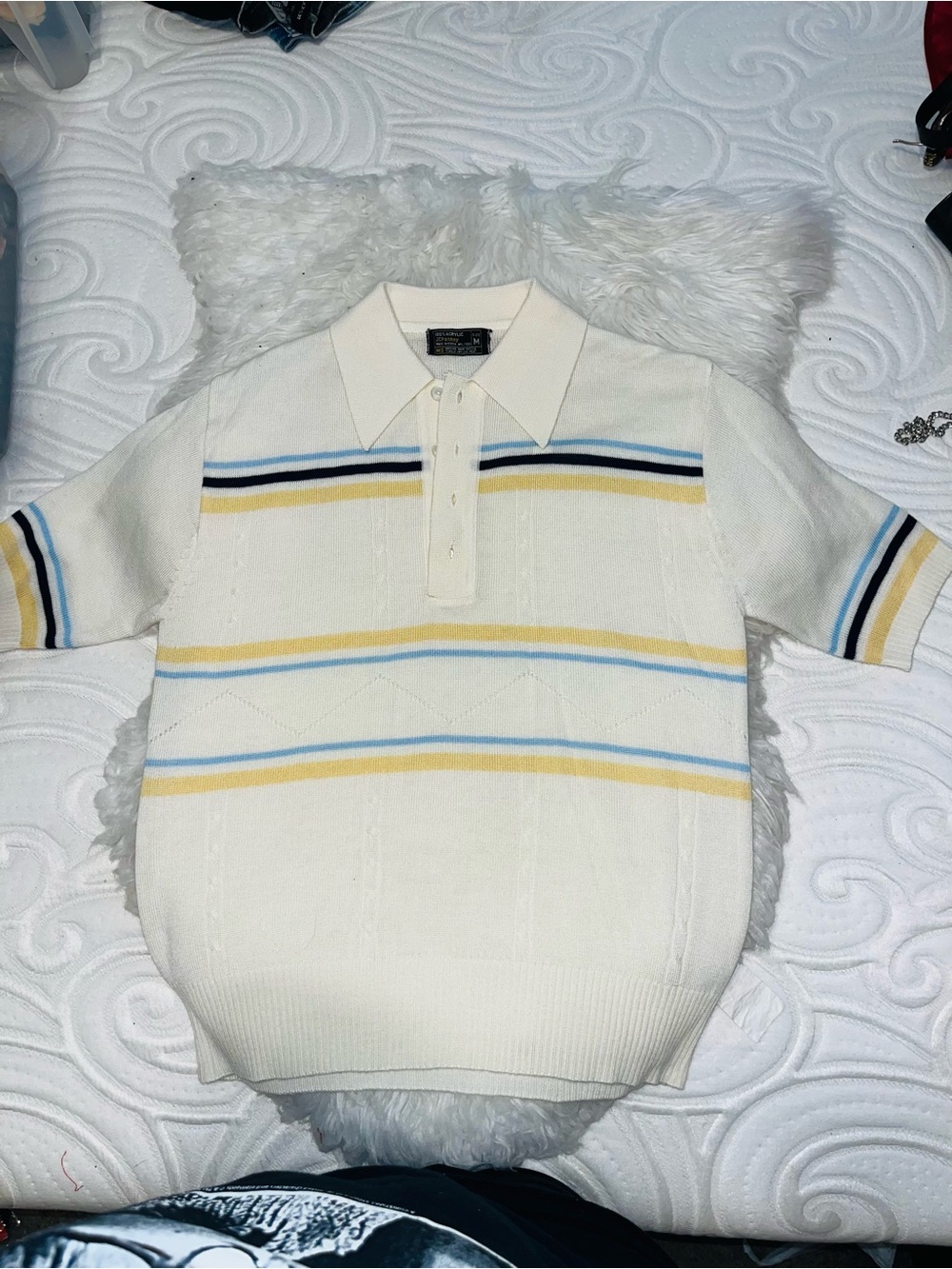 NWOT VINTAGE jcpenney Cream Short-Sleeve Polo with Blue and Yellow Stripes